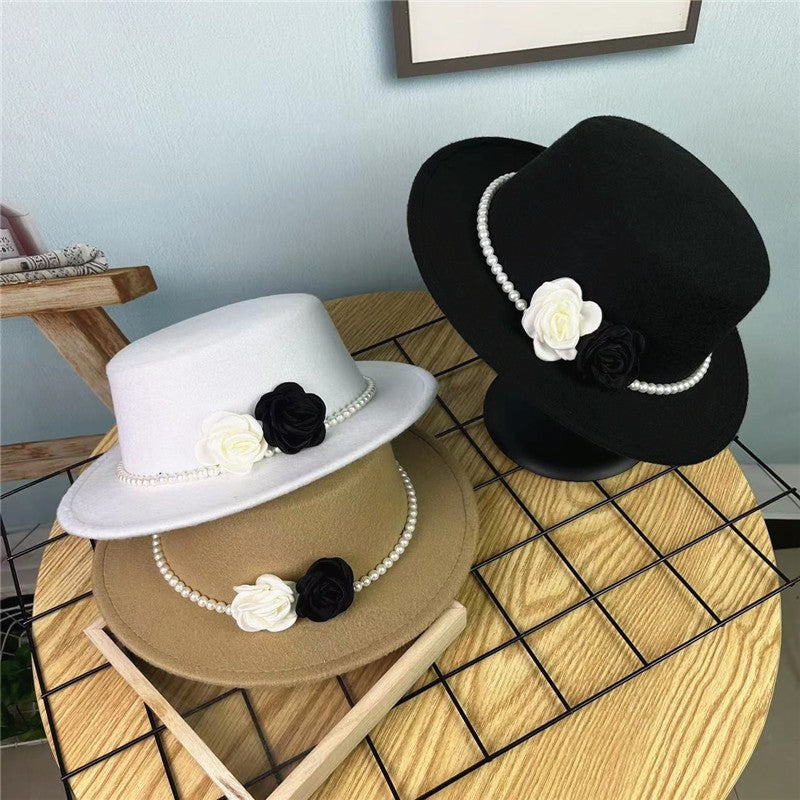 Women's Floral Chain Fedora High Fashion with Pearl Pins Bump Cap Black White Autumen Winter Ladies Fedoras Wide Brim Girl Hat