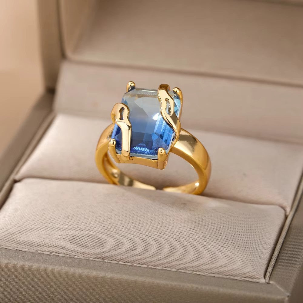 Luxury Stainless Steel Rings Gold Plated Colorful Stone Zircon Crystal Heart Ring For Women Wedding Boho Jewelry Christmas Gift