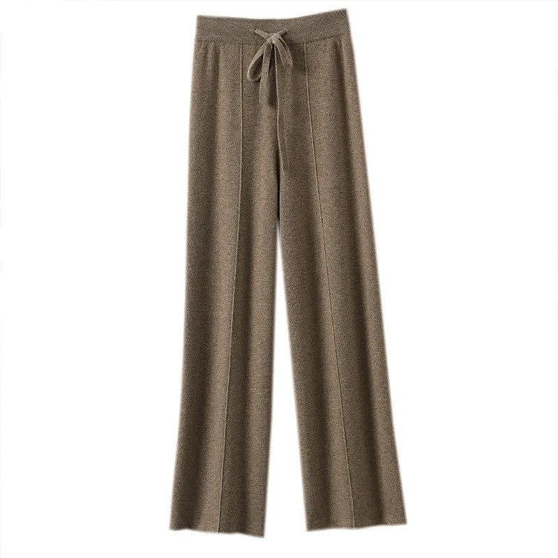 High Waist Wide Leg Pants Mid-Seam Knitted Trousers Drawstring Waist Belted Floor-Length Pure Color Versatile Autumn Winter Casu