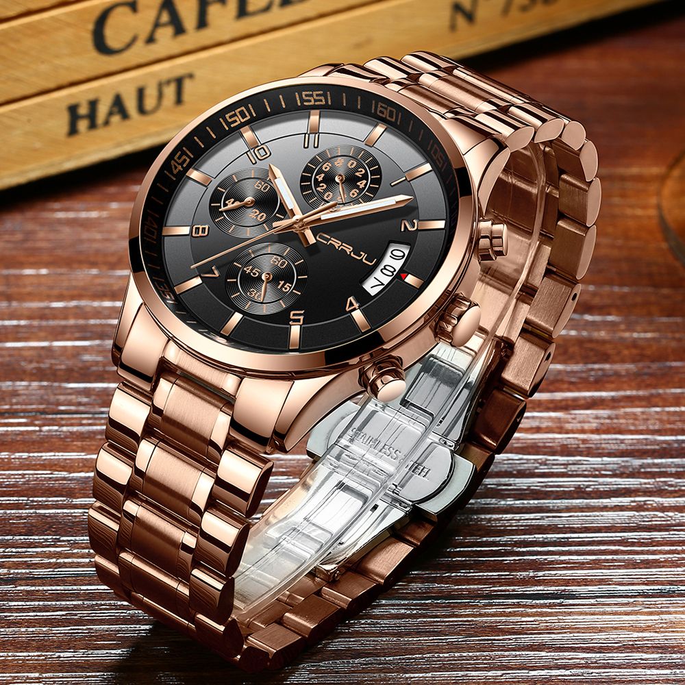CRRJU Men Quartz Wristwatches Luxury Brand Sporty Chronograph Watches with 316 Stainless Steel Luminous Hands Male Clock Red