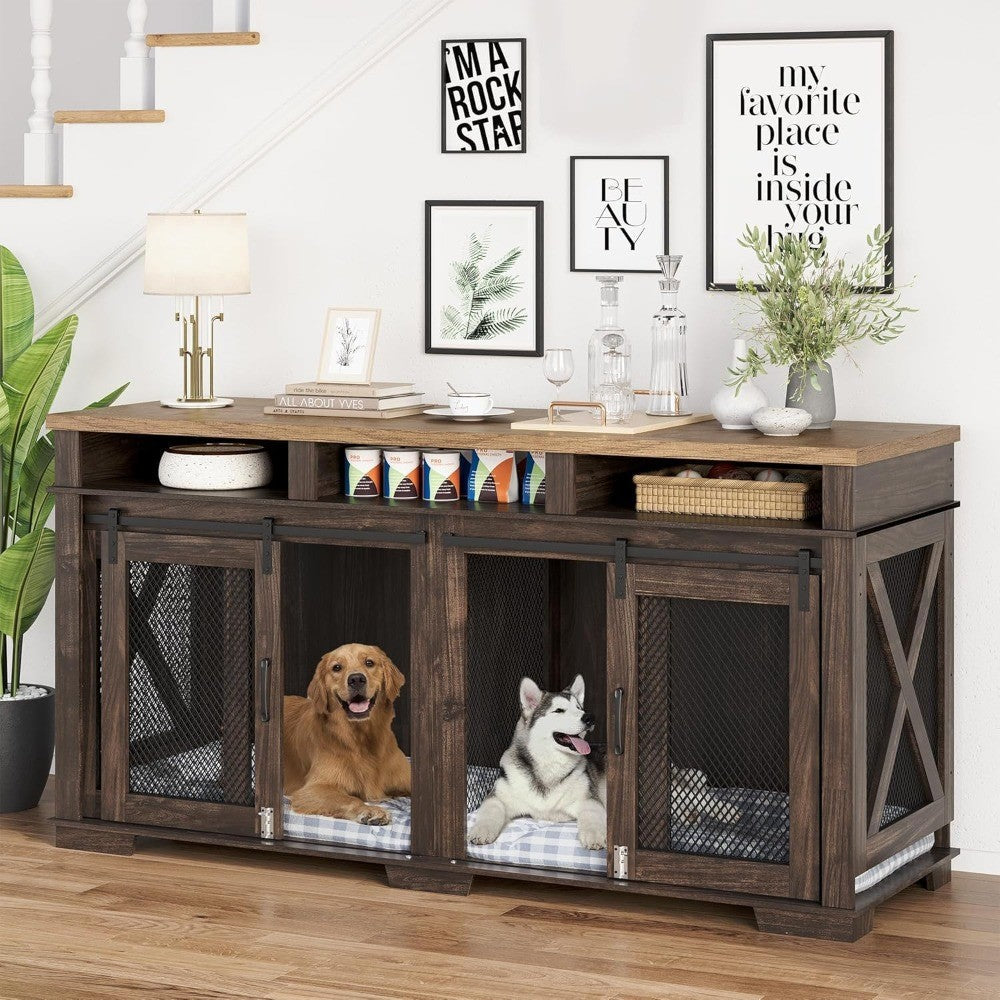 71" Dog Crate Furniture for 2 Dogs, Dog Kennel with 3 Storage Drawers & Removable Divider, Extra Large Double Dog Cage As TV Sta