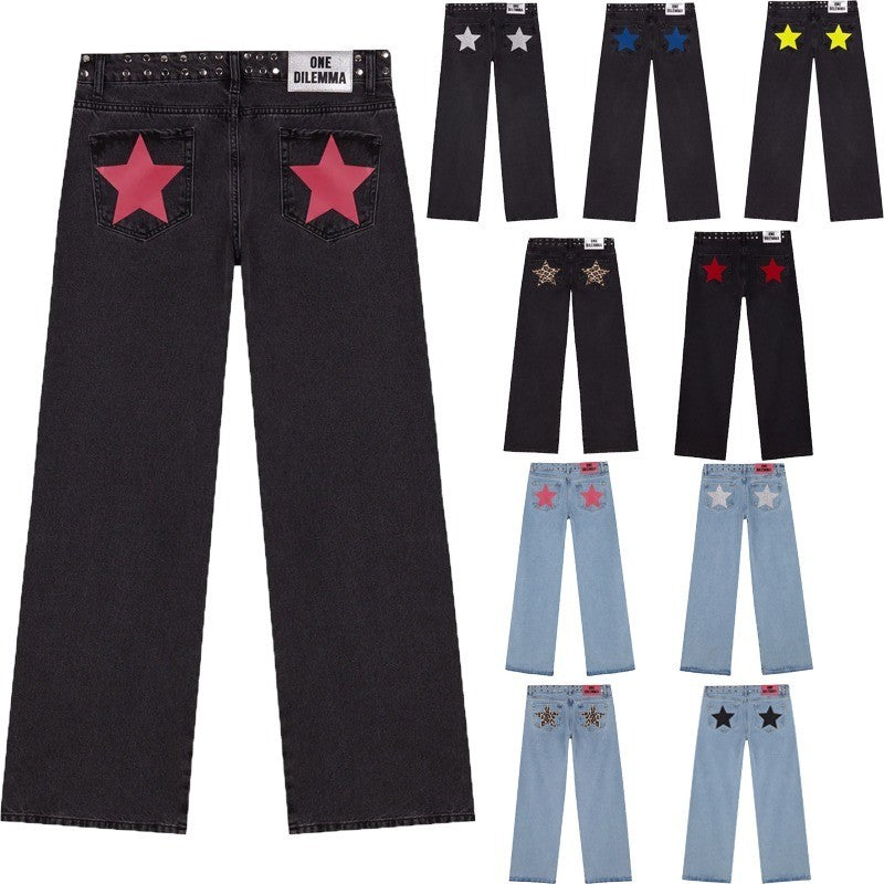 Y2K Women's Straight Leg Jeans Personalized Lucky Star Texture Retro Baggy Jeans Stylish High Street Willow Nail Low Waist Jeans