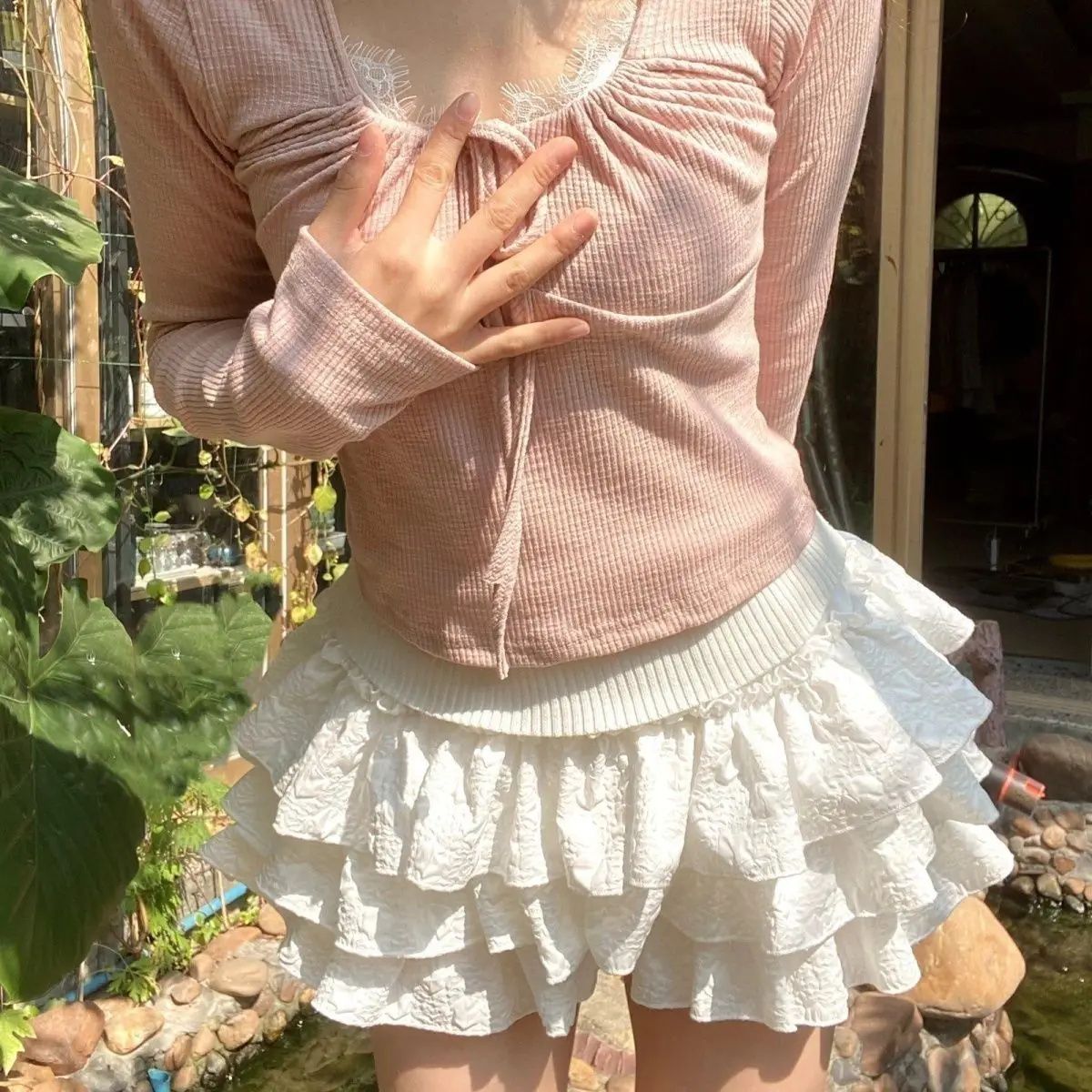 Kawaii Ball Gown Short Skirt Pleated Ruffles Layered High Waist Solid Mini Cake Skirts Lolita Girl Sweet Cute Elastic Waist Y2K