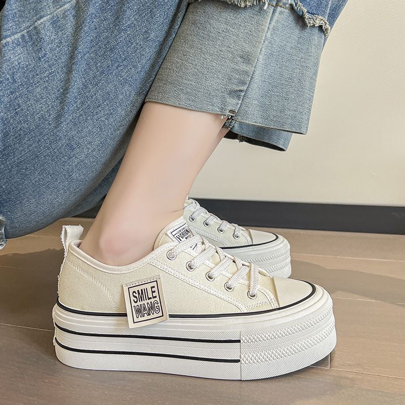 2024 New Women's Black Platform Canvas Sneakers Lace-up Comfortable Shoes Fashion Outdoor Multi-functional Sports Canvas Shoes