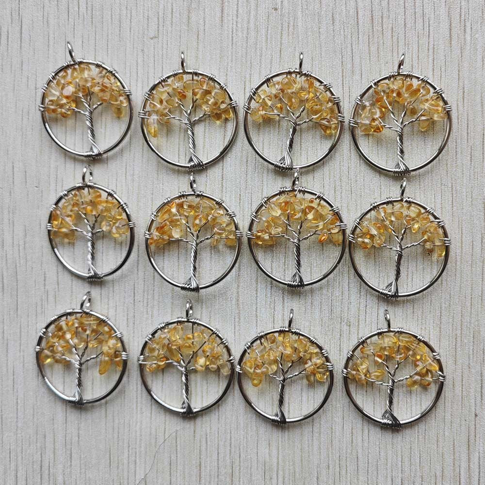 Natural Amethysts Roses Quartz Stone Handmade Wire Wrapped Tree of Life Pendants 30mm for Jewelry Marking Wholesale 12pcs/lot
