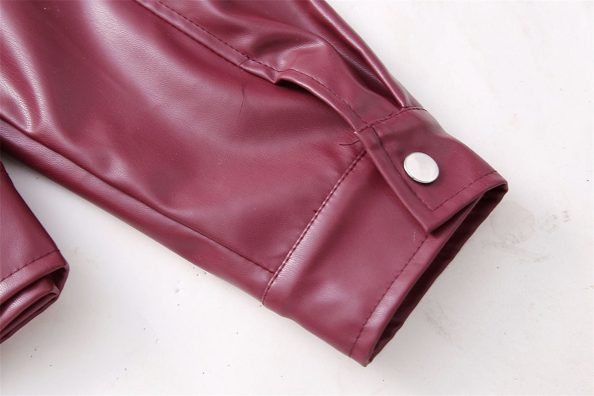 Women Vintage Wine Red Faux Leather Jakcet Fashion Outerwear Zipper Lapel Pu Coats Autumn Winter Streetwear Ladies Short Tops