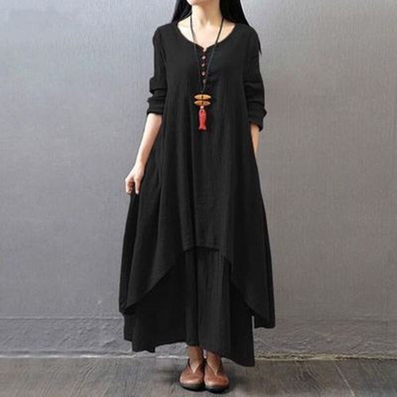 Summer Women Boho Vintage cotton and linen pocket dress Fake Two-piece Literary Irregular Large Swing Dress Robe double-layer