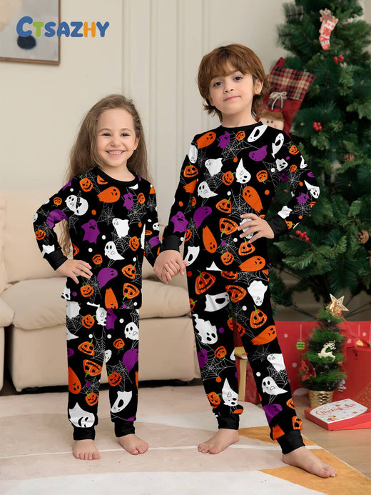 Kids Halloween Pajamas Set - All - Over Colorful Pumpkin & Ghost Print Sleepwear