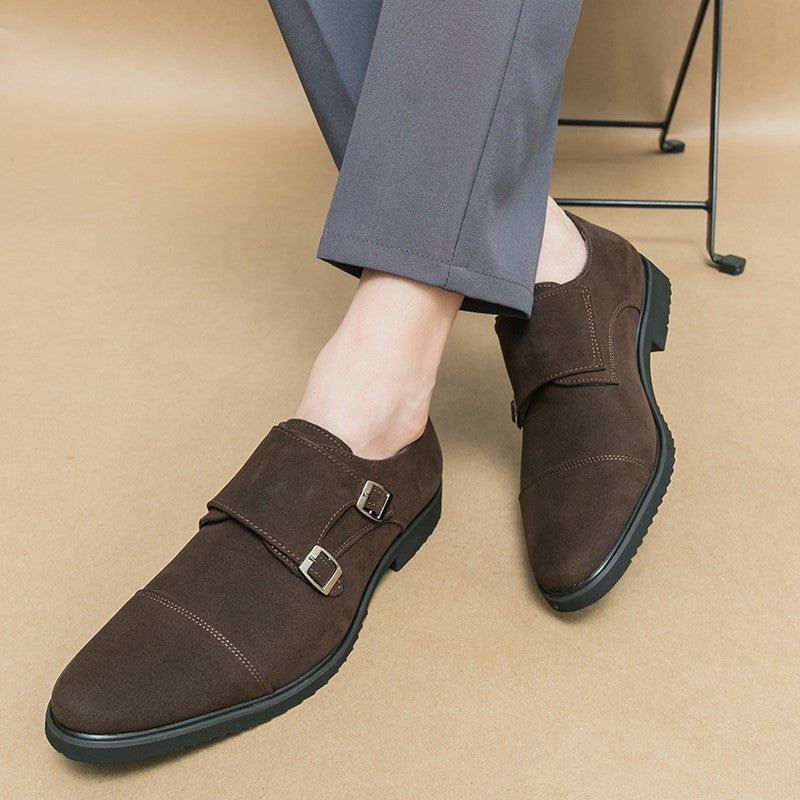 New Brown Loafers Flock Double Buckle Monk Shoes Black Square Toe Slip-On Business Men Dress Shoes Size 38-46 Free Shipping