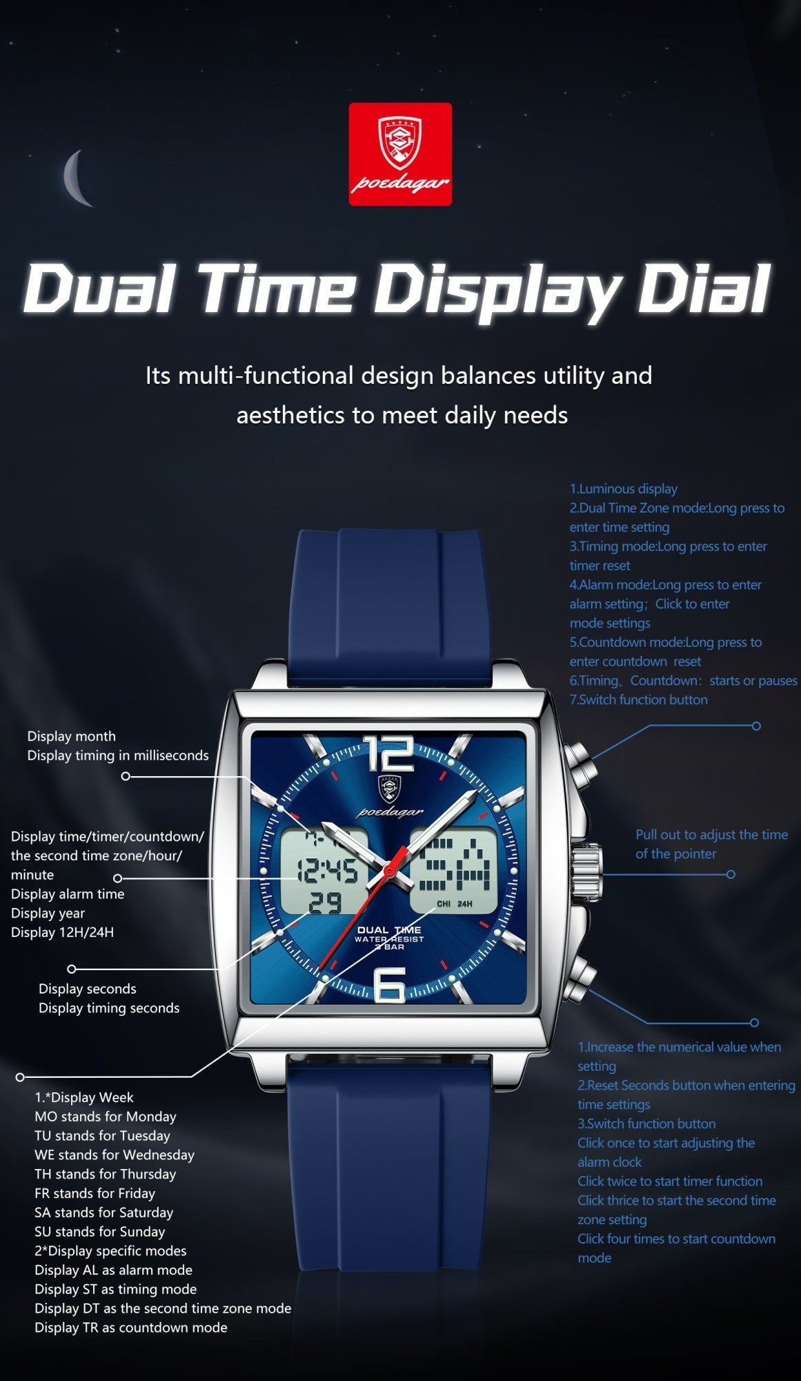 POEDAGAR Luxury Top Man Watch Electronic Square LED Alarm Chronograph Men's Watches Week Date Dual Time Display Men Quartz Clock