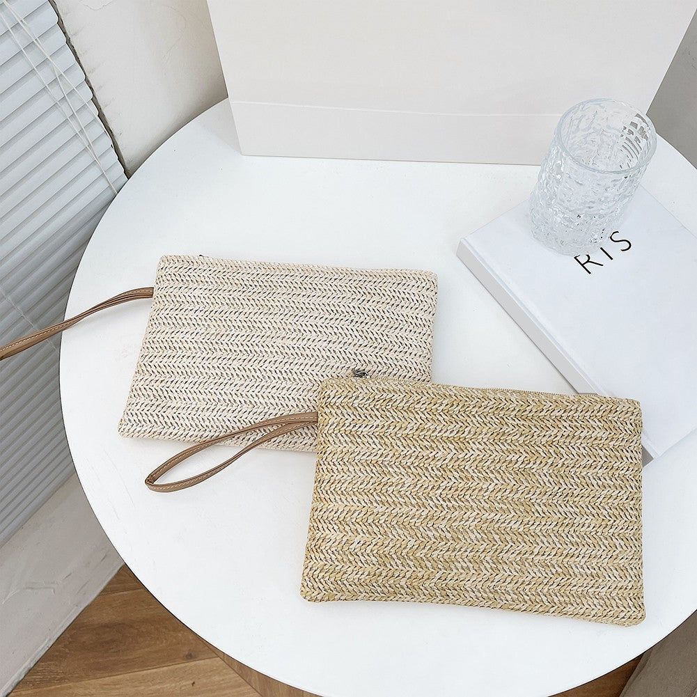 Women Girls Fashion Clutch Solid Straw Wristlet Bag Ladies Beach Summer Handbags Purse Daily Money Coin Phone Card Bag