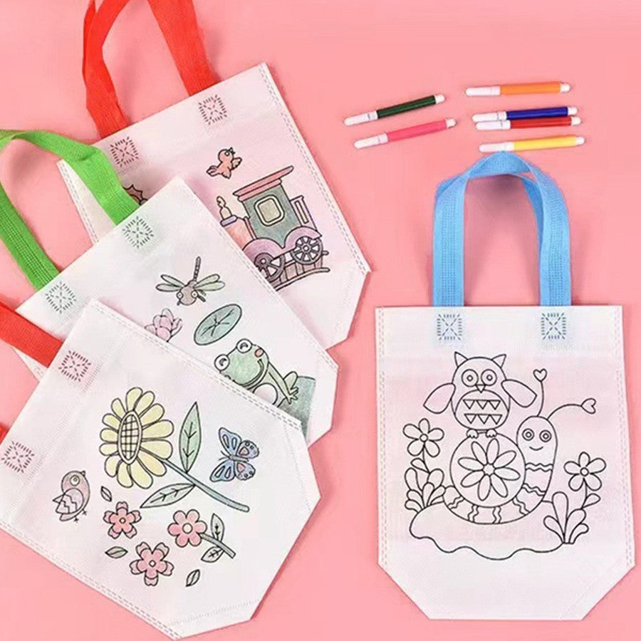20Pcs DIY Coloring Bags with Markers Carnival Art Party Goodie Bags for Kids Eco Mini Non-Woven Fabric Shopping Storage Bags