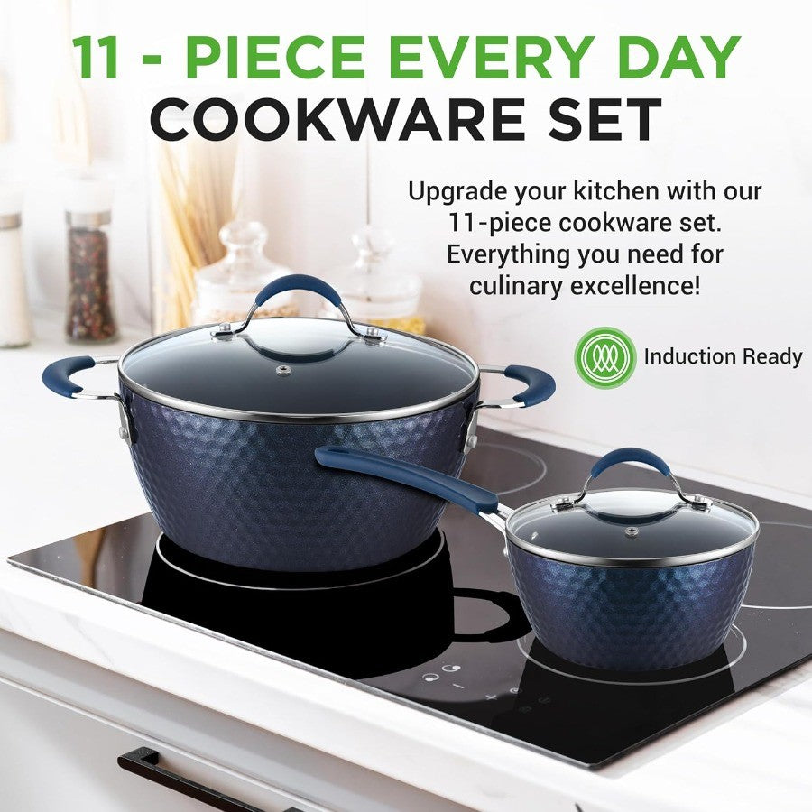 11 Pc Blue Diamond Nonstick Ceramic Cookware Set Durable Pots and Pans with CoolTouch Handles Lids Utensils