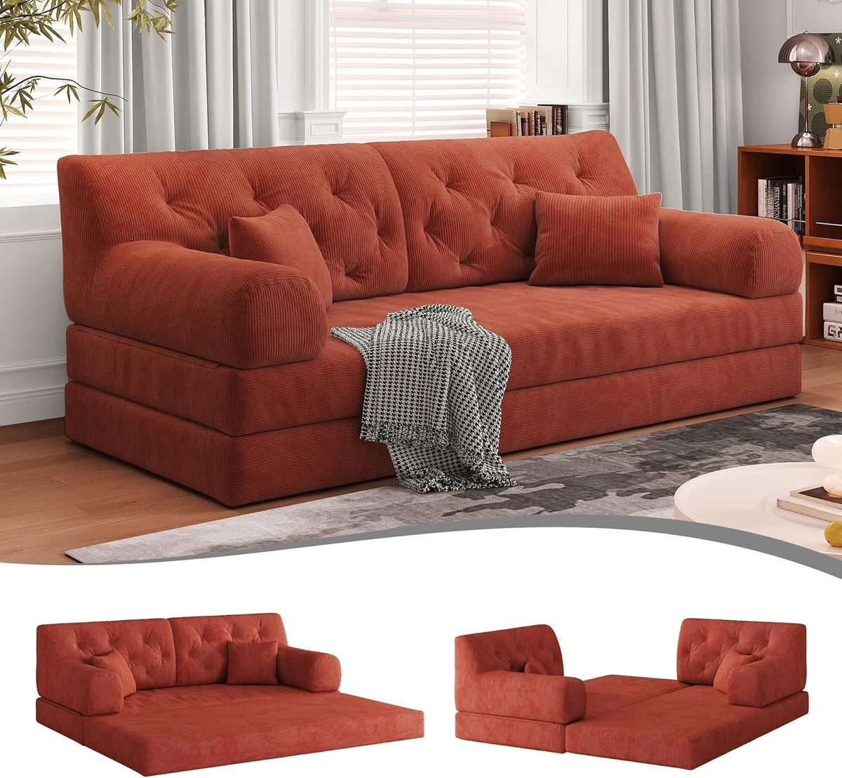 79" Convertible Sofa Bed with Pillows, Corduroy Folding Sleeper Sofa with Fixed-Shape Frame, Boneless Couch for Living Room