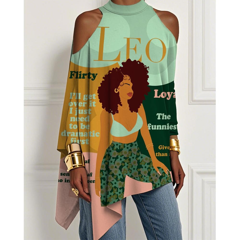 European And American Trendy Printed Off-the-shoulder Skirt Irregular Hem Design Dress Fashionable Loose Long-sleeved T-shirt