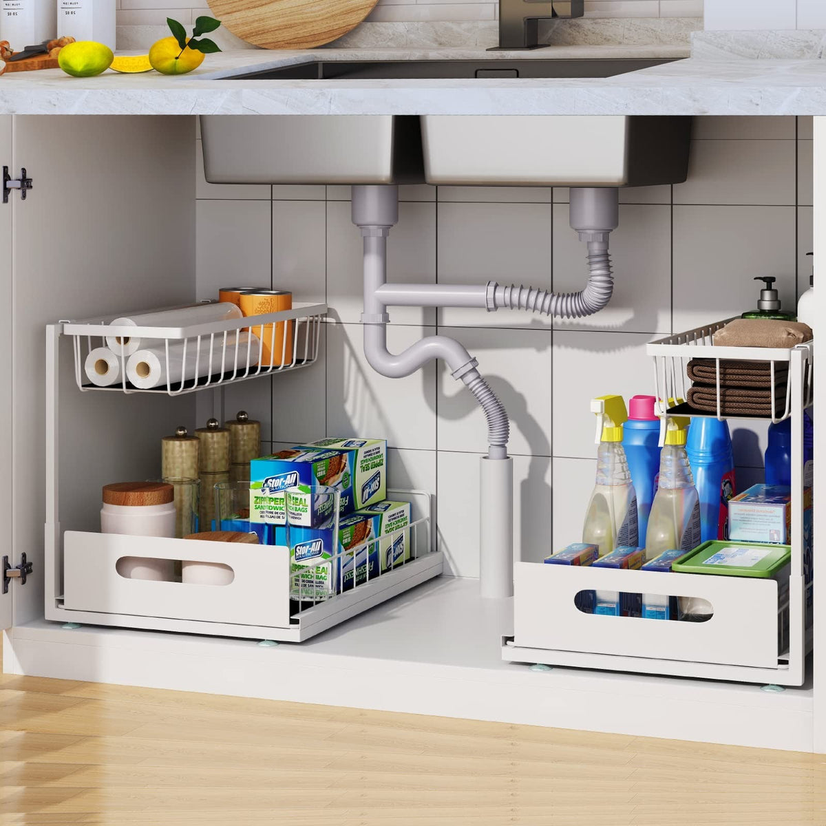 Under Sink 2 Tier Sliding Cabinet Basket Organizer Drawer Pull Out Cabinet Multi-Purpose Sink Organizer for Bathroom Kitchen