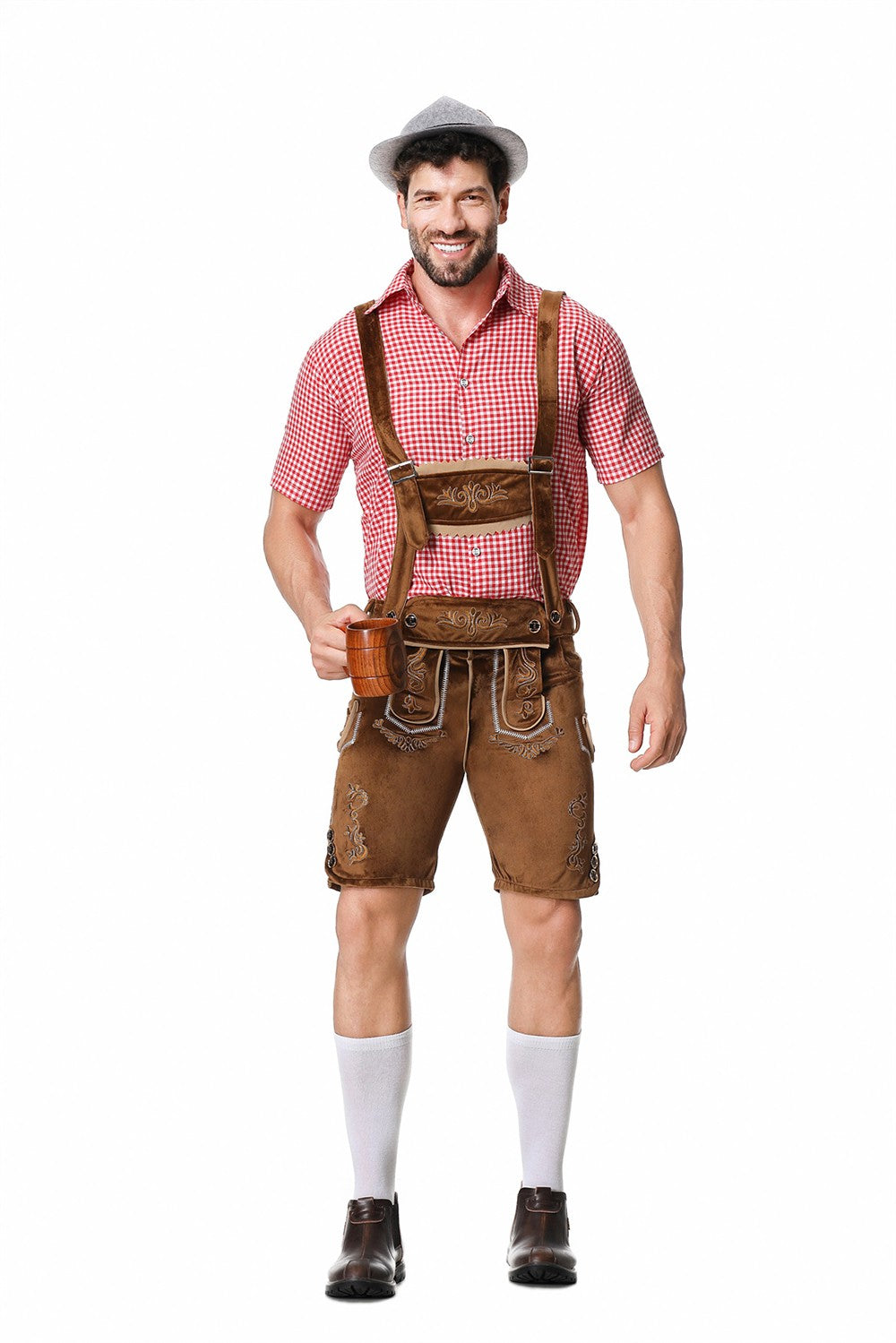 Male Oktoberfest Lederhosen Costume Bavarian Octoberfest German Beer Costume Shirt Suspender Shorts Hat Cosplay Costumes