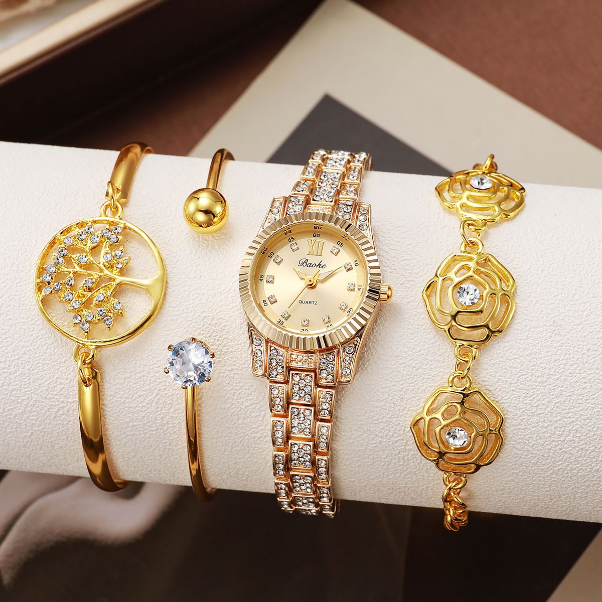 Light Luxury Golden Diamond-encrusted Quartz Watch Set Rose Tree of Life Jewelry Bracelet Daily All-match Gift Box