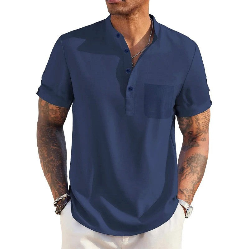 Summer Men's Cotton Linen T-Shirt Henley Neck Pocket Casual Lightweight Breathable Beach Shirt Solid Color Basic Style Tops