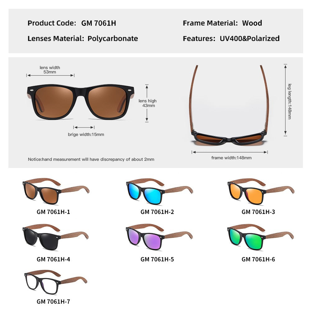 GM Environment-Friendly Retro Walnut Wood Sunglasses UV400 Polarized Bamboo Sunglasses Men's Fashion Trendy Anti Blue Lens 7061h