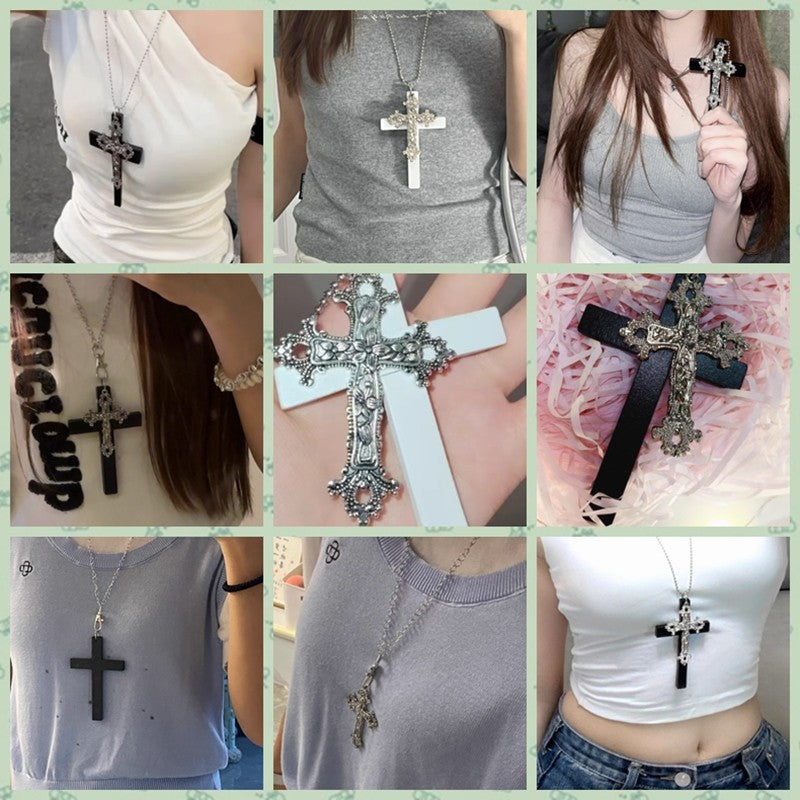 Gothic Big Zircon Cross Necklace Unisex Y2K Irregular Goth Large Cross Pendant Necklaces for Men Women Couple Necklace Jewelry