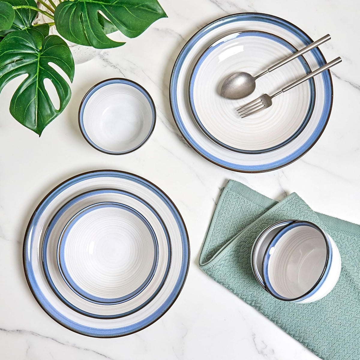 Siterra Santorini 16-Piece White Stoneware Dinnerware Set - Service for 4, Plate & Bowl Set, Rustic White with Reactive Blue Gla