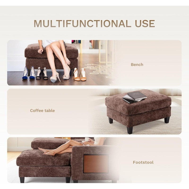 118" U-Shaped Sectional Couch, 4-Seat Modular Sofa with 2 Ottomans and Foldable Side Table, Brown for Living Room