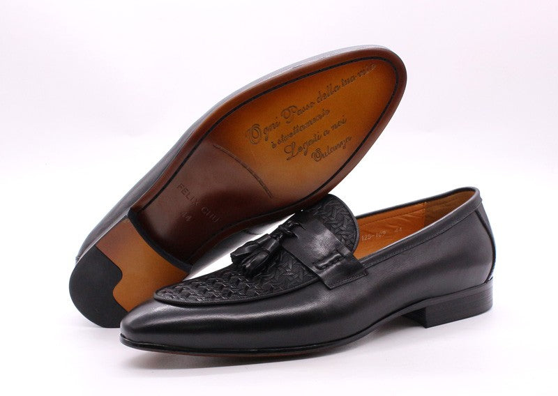 FELIX CHU Men's Genuine Leather Tassel Loafers Italian Luxury Fashion Slip-On Dress Shoes for Parties Weddings Casual Wear