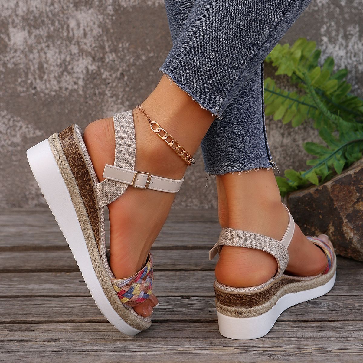 Summer Women's High Heel Sandals Heel Large Size Colorful Braided Rope Sandalias De Mujer Outdoor Versatile Zapatillas De Mujer