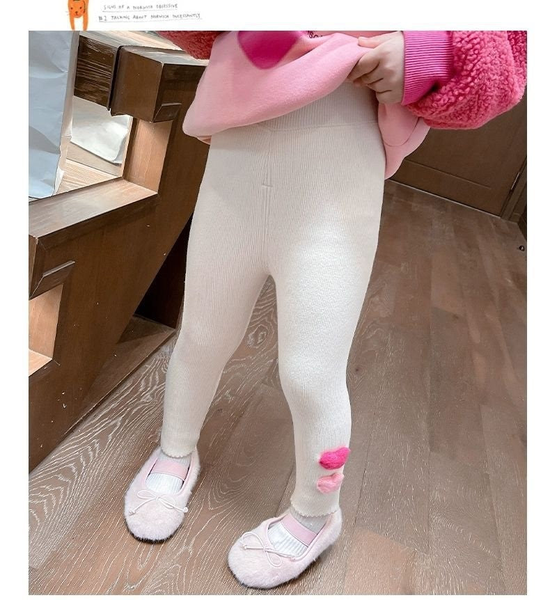 1-6Y Fleece Lined Leggings for Girls Winter Warm Bear Patch Elastic Pants Soft Kids Trousers Teenage Girls Clothing