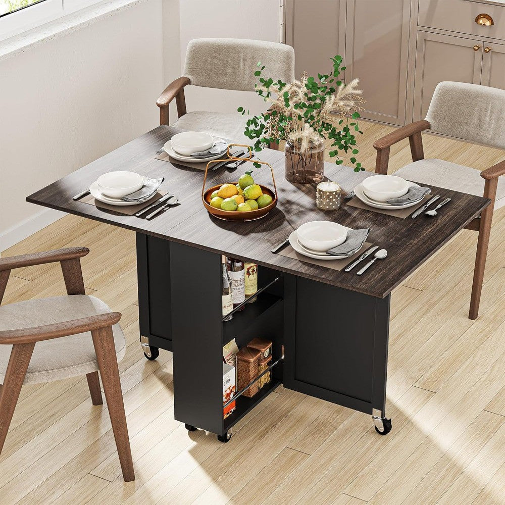 Folding Dining Table with 6 Wheels, Drop Leaf Tables for Small Spaces, Foldable Dining Table with 2-Layer Storage Rack, Kitchen