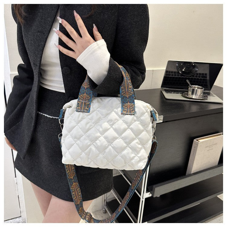 Women Wide Shoulder Belt Handbag Fall/Winter Rhombus Space Cotton Shoulder Bag Large Capacity All-Match Shopping Tote Bag