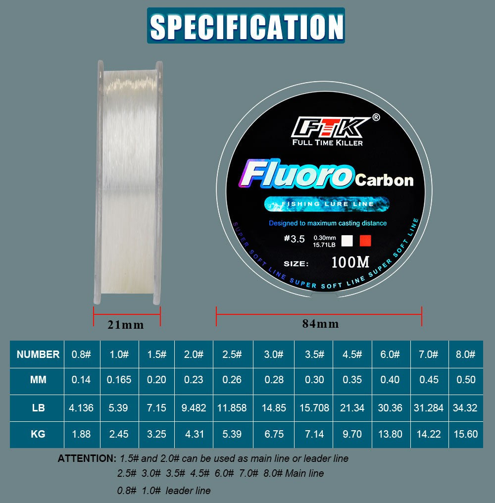 FTK 100m 4.13-34.32LB Fluorocarbon Fishing Lure Line Carbon Fiber Leader Fly Fishing Line Super Soft Line Pesca