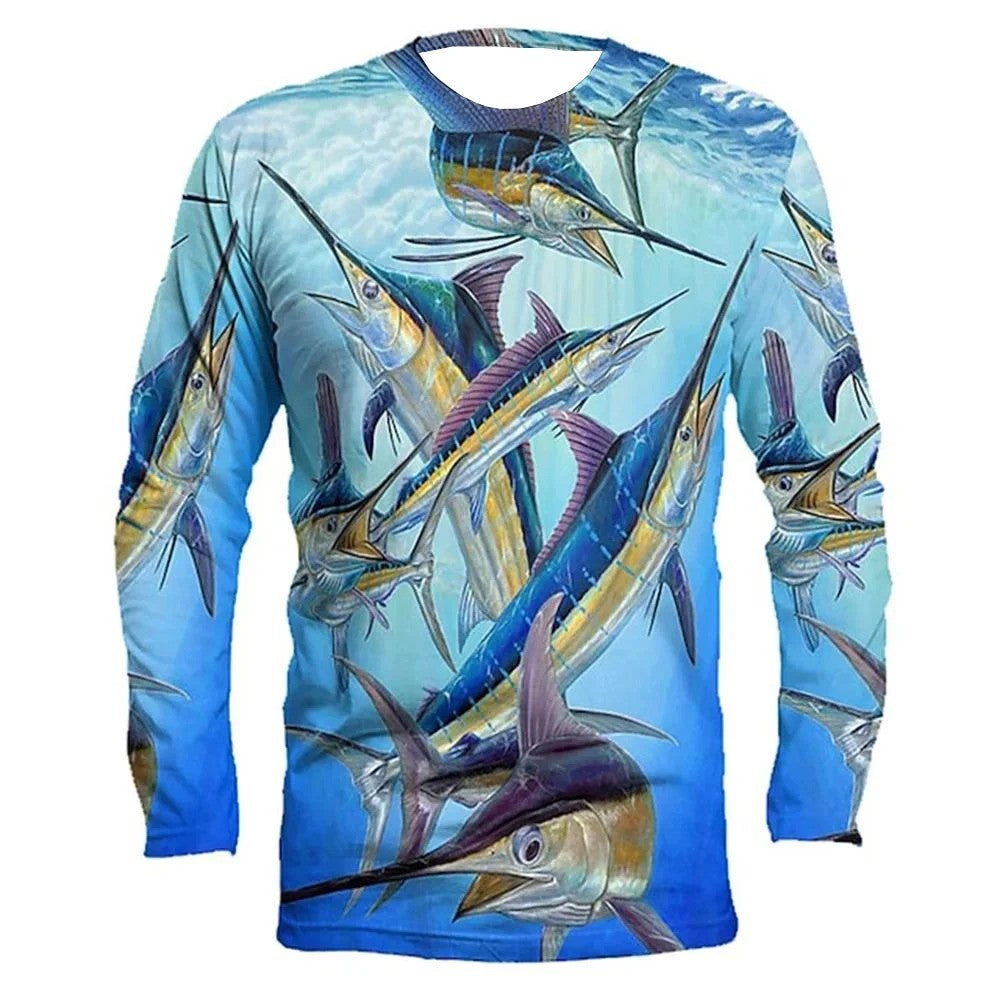 Men's Fishing 3D Printed Long Sleeve T-Shirt - Crew Neck Retro Casual Wear, Ideal for Autumn Leisure & Outdoor Activities
