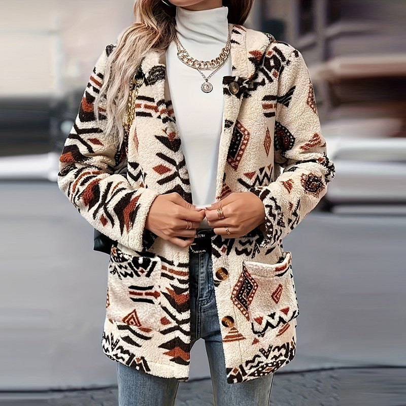 Autumn Winter Women Puff Breasted Warm Hoodies Jacket Women Casual Thick Plush Long Sleeve Coat Women Print Pocket Outerwear