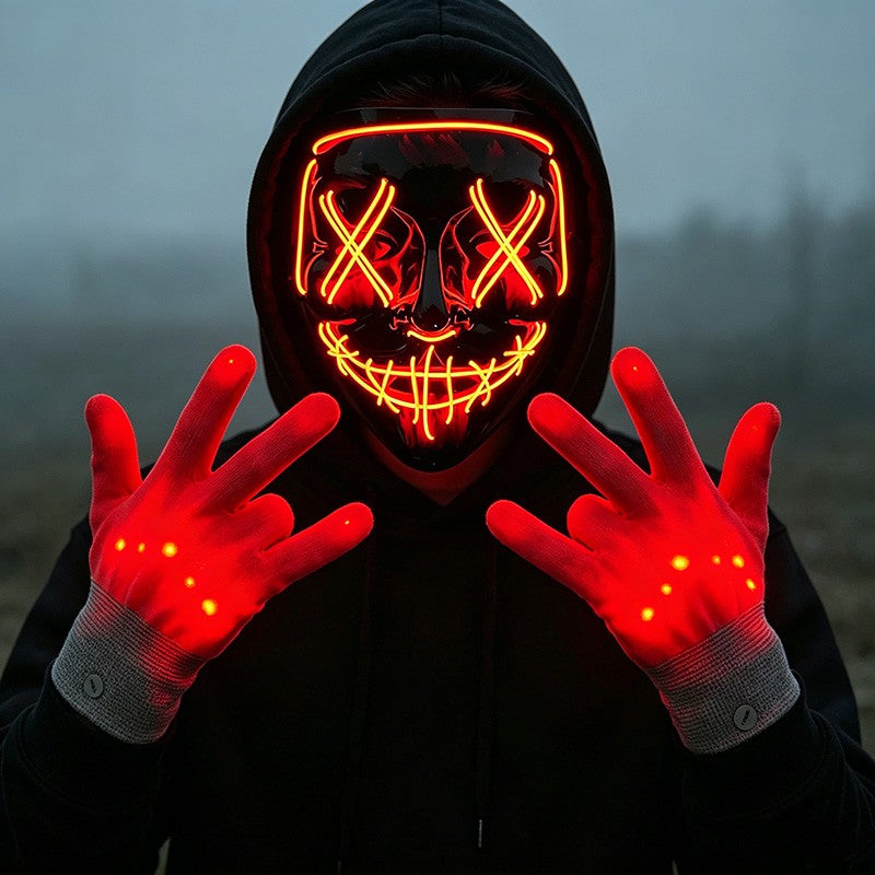 Wireless LED Neon Purge Mask & Fiber Optic Gloves, Scary Glow In Dark Mask for Halloween Carnival Cosplay Bar Birthday Party
