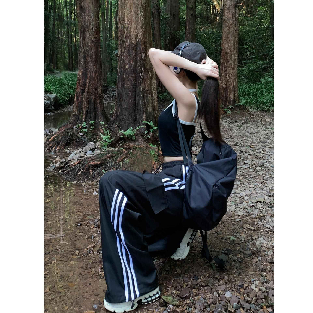 Women Casual Baggy Stripe Cargo Pants Solid Low Waist Joggers Pants Drawstring Wide Leg Baggy Trousers Y2K Streetwear Sweatpants