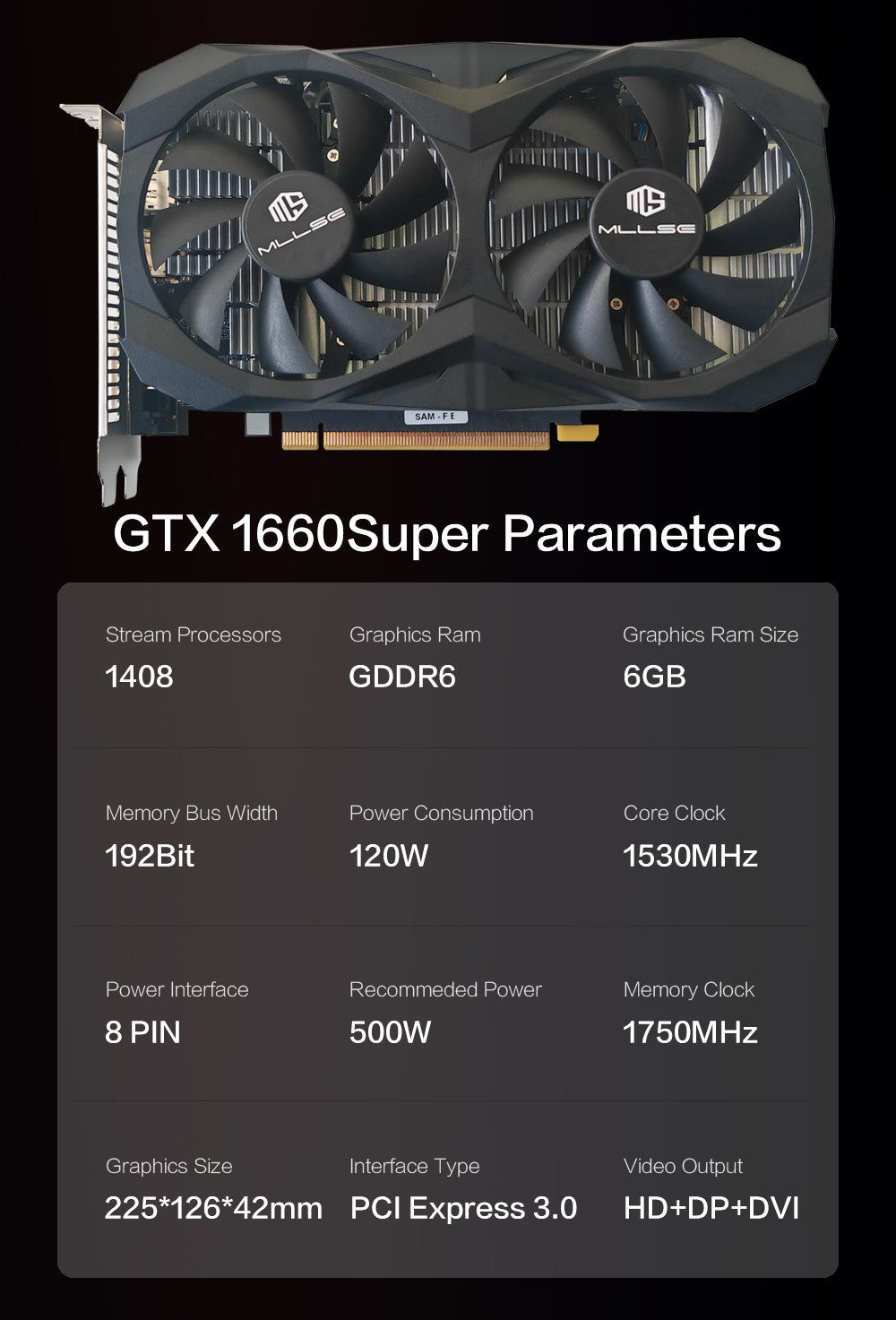 Mllse GTX 1660Super 6GB NVIDIA Video Card Graphics Card PCl Express 3.0 HD*1 DP*1 DVI*1 GDDR6 192Bit gtx 1660s Video card