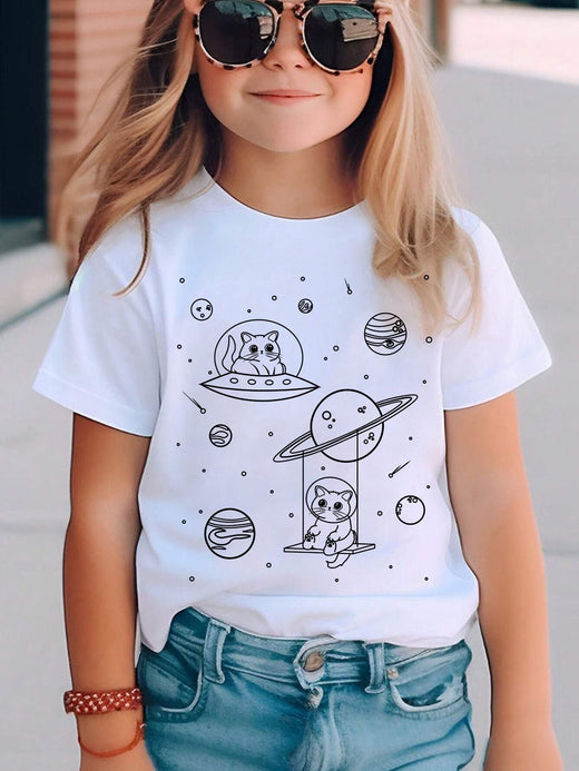 Space Cat Graphic T-Shirt for Children Girls Boys Fashion Casual Tops Space Girl Boy Tshirt Cute Cat Kids Wear Outfit Clothes