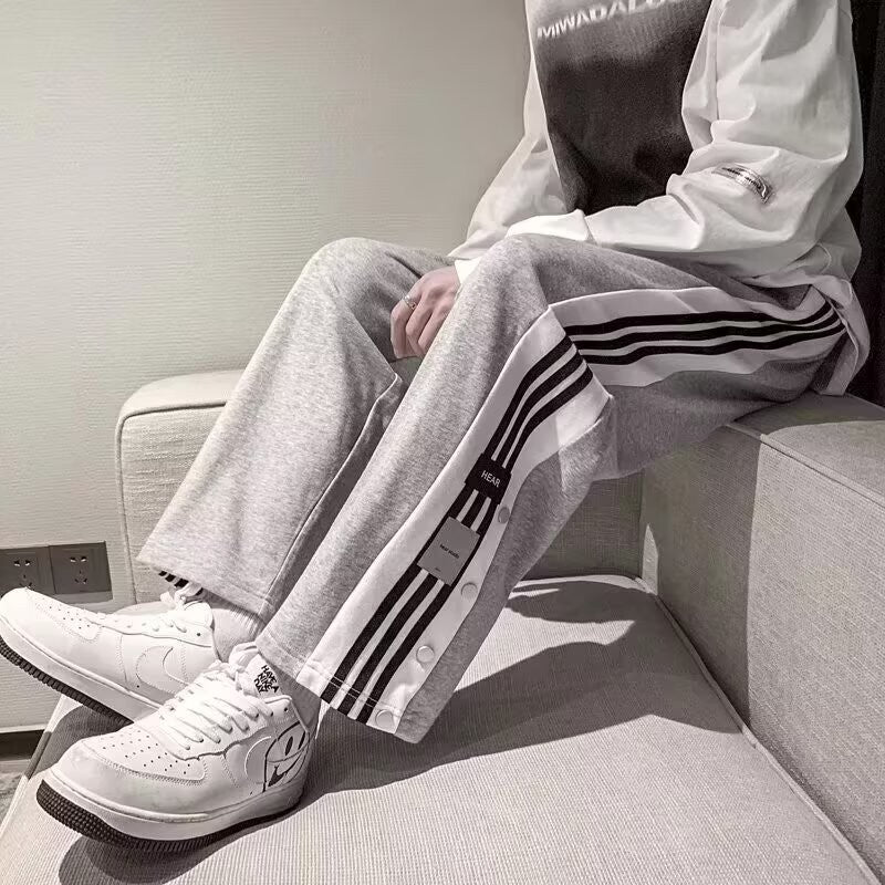Button down casual pants for men in summer, Korean style trendy stripes, color blocked high street straight leg pants, Hong Kong