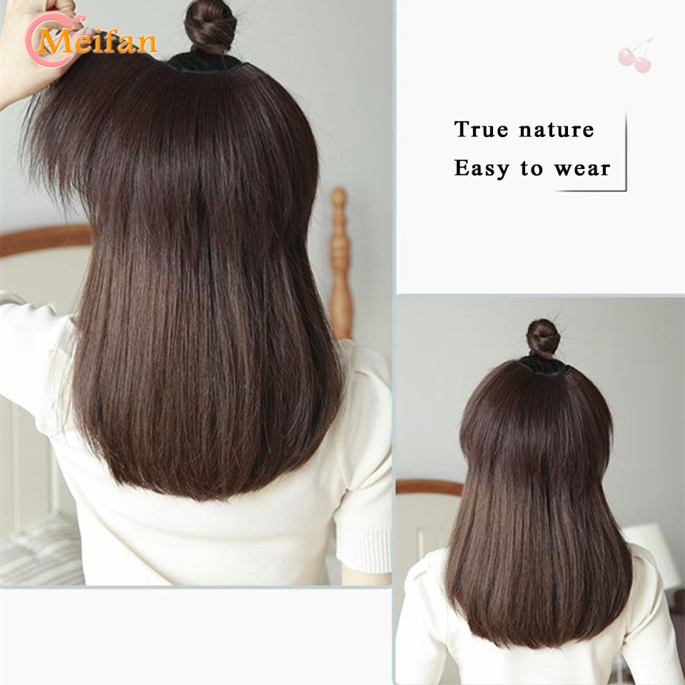 MEIFAN Synthetic Long Straight U-Shaped Half Head Wig for Women Black Brown Clips in Hair Extension Natural Fake Hairpieces