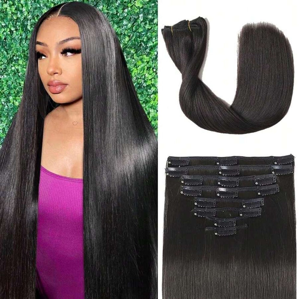 24 Inch 250 % Density Clip In Hair Extensions Real Human Remy Black For Women Invisible Natural Straight Seamless 8pcs 100g