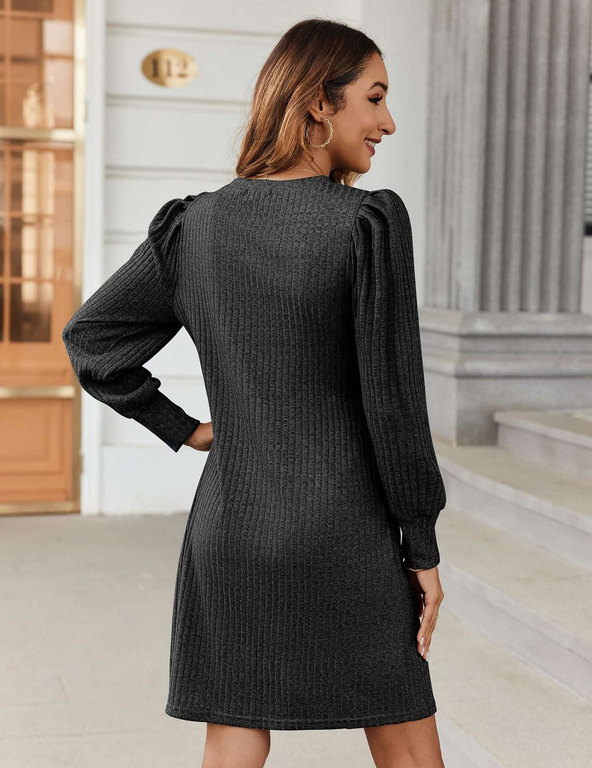 Y2K autumn and winter women's crew neck solid color sweater bubble sleeve fashion commuter dress comfortable casual loose dress
