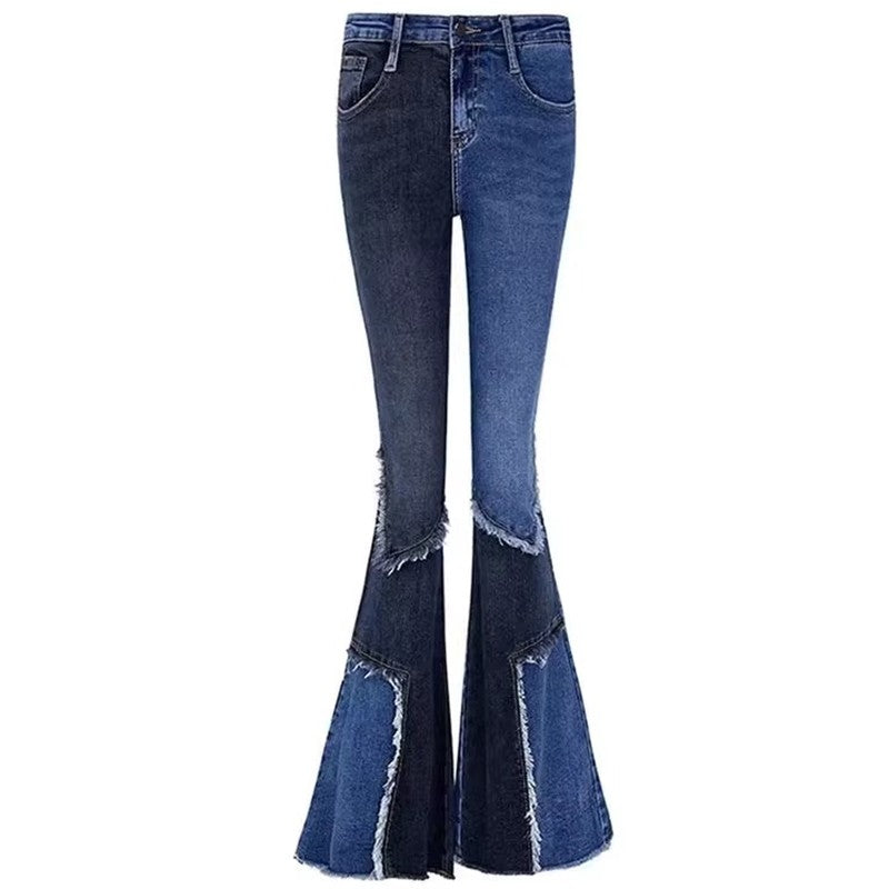 Women Contrast Patchwork Flared Jeans Ladies Stretch High Waist Skinny Boot-Cut Trousers Mujer Fashion Denim Pants Size S-2XL
