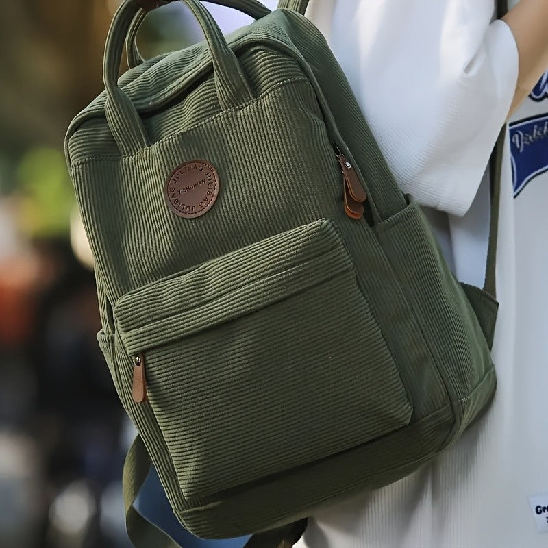 Casual Corduroy Backpack for Teens, 14 Laptop Compartment, High School & College Bag with Zipper Pocket, Backpacks for School
