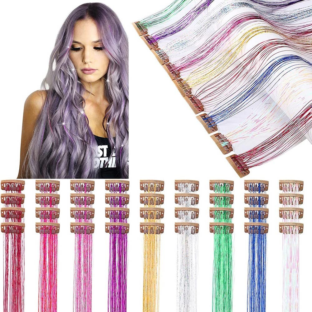 6Pcs 50cm Sparking Shiny Hair Tinsel Hair Extensions Tinsel Synthetic Hair Clip Extensions Women for Braiding Headdress