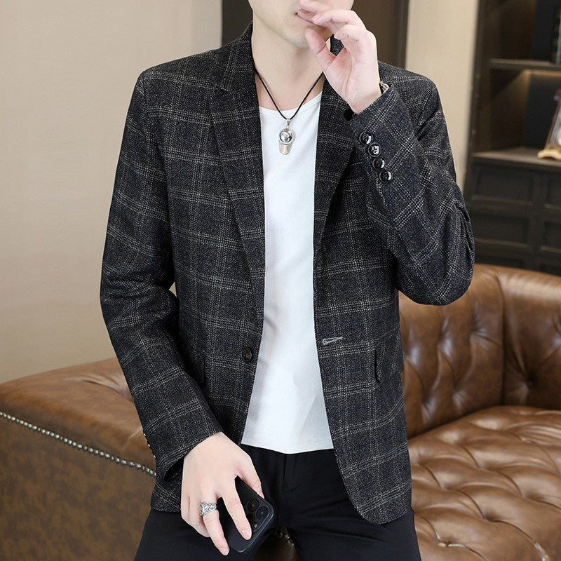 Blazer's New Men's Fashion Outdoor Travel Camping Youth Wedding Hosting Campus Slimming Casual Checkered Korean Version Blazer