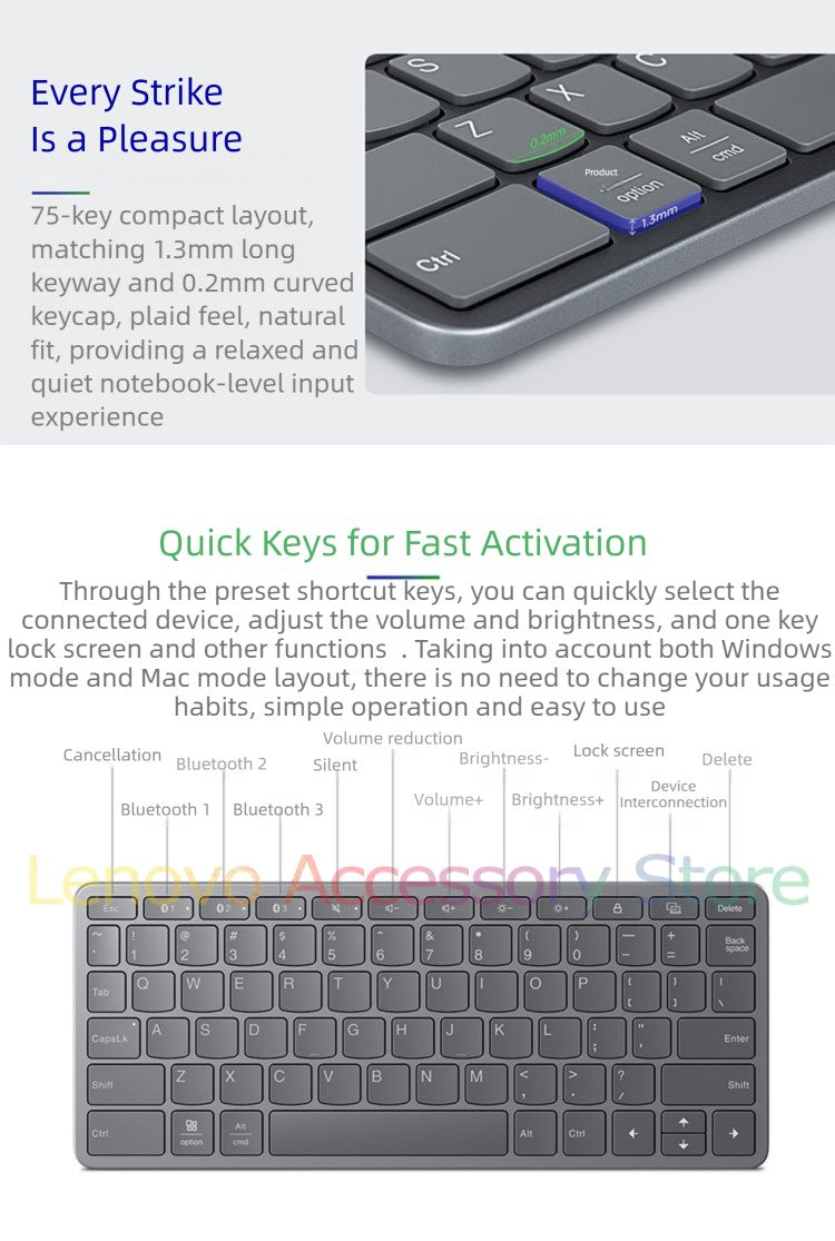 Lenovo Xiaoxin Air Wireless Bluetooth Keyboard Connect 3 Devices Windows10 iPadOS15 Android10 for Laptop Pad Tablet Tab Phones