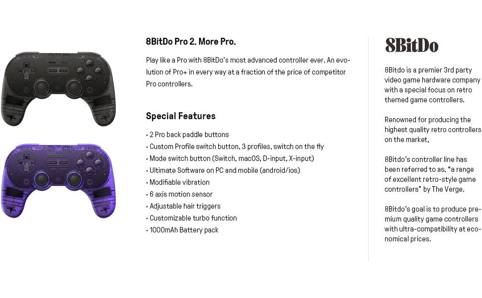 8BitDo Pro 2 Bluetooth Controller Gamepad Handle with Hall Effect for Nintendo Switch 2, PC, MacOS, Android, Steam, Raspberry Pi