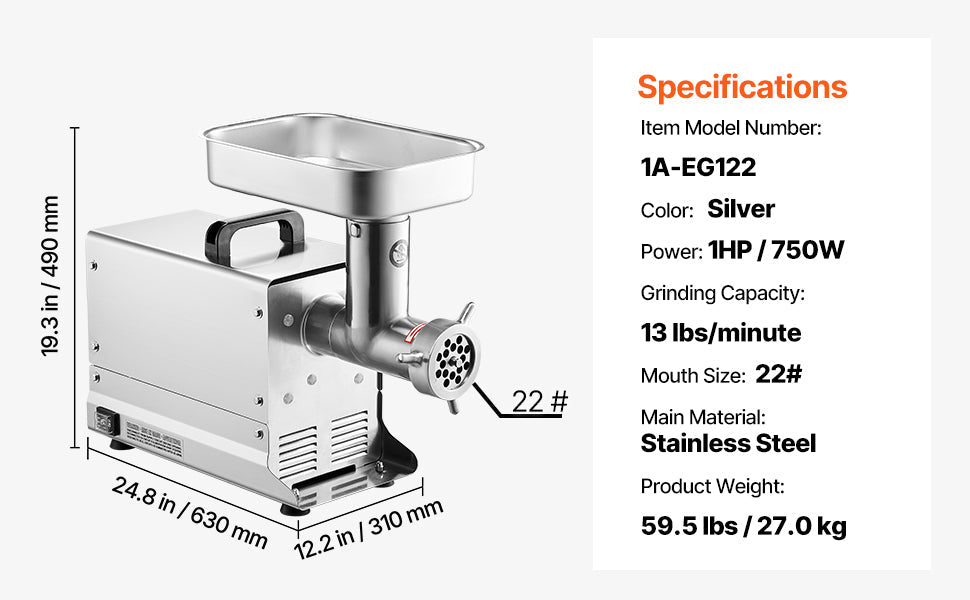 VEVOR Meat Grinder Electric Meat Grinders&Blade Grinding Plate Stainless Steel Commercial for Kitchen Restaurant Butcher Store